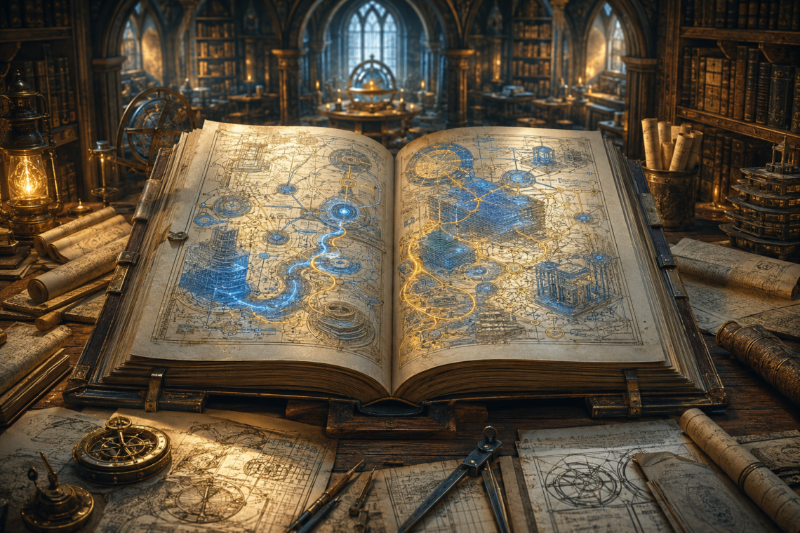 An ancient illuminated codex lies open at the center of a massive oak drafting table inside a grand fantasy library. The book's pages display intricate architectural diagrams made of interconnected circles, layered structures, branching pathways, geometric grids, and cascading systems illuminated by flowing blue and gold magical energy. Surrounding the codex are blueprints, maps, scrolls, compasses, measuring tools, and drafting instruments arranged in an organized workspace. Towering bookshelves filled with books and manuscripts rise beneath vaulted stone arches in the background. Warm lantern and torchlight blend with soft magical illumination, creating a scholarly atmosphere of knowledge, craftsmanship, structure, and discovery. The scene evokes a Dungeons & Dragons-inspired vision of system design and architecture, with the codex serving as the focal point of an orderly realm governed by hidden rules.