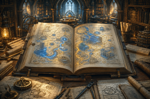 An ancient illuminated codex lies open at the center of a massive oak drafting table inside a grand fantasy library. The book's pages display intricate architectural diagrams made of interconnected circles, layered structures, branching pathways, geometric grids, and cascading systems illuminated by flowing blue and gold magical energy. Surrounding the codex are blueprints, maps, scrolls, compasses, measuring tools, and drafting instruments arranged in an organized workspace. Towering bookshelves filled with books and manuscripts rise beneath vaulted stone arches in the background. Warm lantern and torchlight blend with soft magical illumination, creating a scholarly atmosphere of knowledge, craftsmanship, structure, and discovery. The scene evokes a Dungeons & Dragons-inspired vision of system design and architecture, with the codex serving as the focal point of an orderly realm governed by hidden rules.