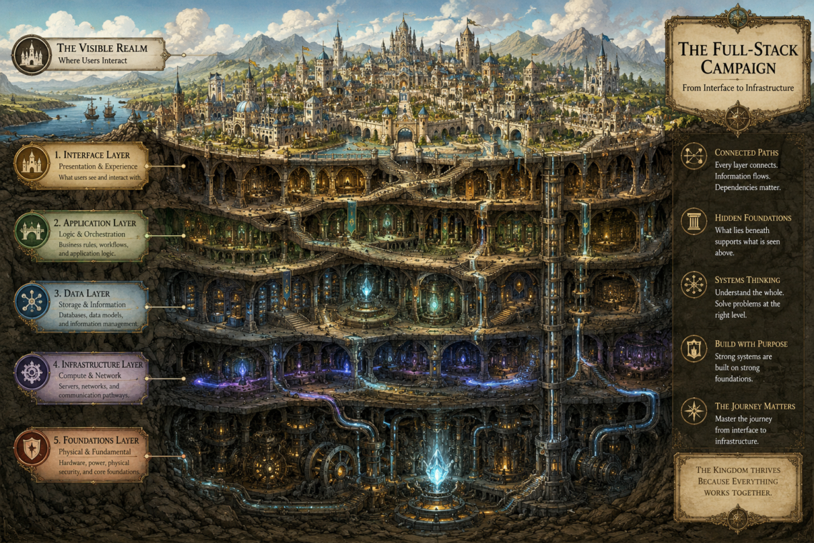 Detailed fantasy cross-section illustration titled The Full-Stack Campaign: From Interface to Infrastructure. A sprawling medieval fantasy kingdom filled with castles, towers, bridges, marketplaces, and guild halls sits on the surface beneath a bright sky. The ground beneath the city is cut away to reveal multiple interconnected underground layers extending deep into the earth. Massive stone roads, elevators, tunnels, aqueducts, glowing magical conduits, and engineering works connect hidden chambers, archives, vaults, transit networks, and subterranean fortresses. The deepest levels contain enormous dwarven-style machinery, crystal power systems, and foundational infrastructure supporting the realm above. Informational panels label each layer of the kingdom, visually illustrating how visible systems depend upon increasingly complex hidden foundations. The image conveys themes of architecture, interconnected systems, dependencies, and the journey from user-facing experiences to the infrastructure that supports them.