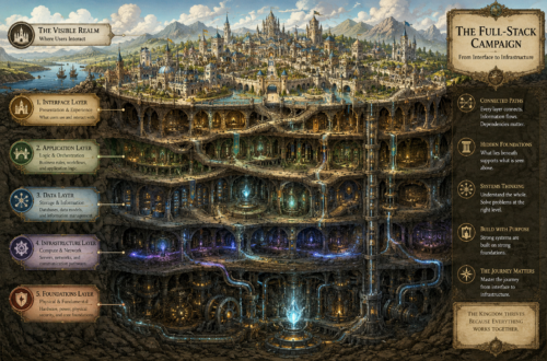 Detailed fantasy cross-section illustration titled The Full-Stack Campaign: From Interface to Infrastructure. A sprawling medieval fantasy kingdom filled with castles, towers, bridges, marketplaces, and guild halls sits on the surface beneath a bright sky. The ground beneath the city is cut away to reveal multiple interconnected underground layers extending deep into the earth. Massive stone roads, elevators, tunnels, aqueducts, glowing magical conduits, and engineering works connect hidden chambers, archives, vaults, transit networks, and subterranean fortresses. The deepest levels contain enormous dwarven-style machinery, crystal power systems, and foundational infrastructure supporting the realm above. Informational panels label each layer of the kingdom, visually illustrating how visible systems depend upon increasingly complex hidden foundations. The image conveys themes of architecture, interconnected systems, dependencies, and the journey from user-facing experiences to the infrastructure that supports them.