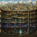 Detailed fantasy cross-section illustration titled The Full-Stack Campaign: From Interface to Infrastructure. A sprawling medieval fantasy kingdom filled with castles, towers, bridges, marketplaces, and guild halls sits on the surface beneath a bright sky. The ground beneath the city is cut away to reveal multiple interconnected underground layers extending deep into the earth. Massive stone roads, elevators, tunnels, aqueducts, glowing magical conduits, and engineering works connect hidden chambers, archives, vaults, transit networks, and subterranean fortresses. The deepest levels contain enormous dwarven-style machinery, crystal power systems, and foundational infrastructure supporting the realm above. Informational panels label each layer of the kingdom, visually illustrating how visible systems depend upon increasingly complex hidden foundations. The image conveys themes of architecture, interconnected systems, dependencies, and the journey from user-facing experiences to the infrastructure that supports them.