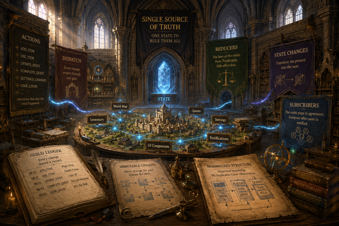 A grand medieval fantasy guild hall serves as a visual metaphor for JavaScript state management. At the center of the vast stone chamber, a glowing magical crystal labeled State powers a detailed miniature kingdom displayed on a large round table. Blue streams of magical energy connect the crystal to labeled regions representing inventory, quests, notifications, settings, world map, and UI components, illustrating how shared application state flows throughout an entire system. Massive banners surrounding the hall depict engineering concepts including actions, dispatch, reducers, state changes, subscribers, immutable updates, normalized structure, and a guild ledger that records every change. Ancient books, engineering diagrams, drafting tools, glowing runes, and architectural details reinforce themes of organization, maintainability, and long-term software design in a painterly, Dungeons & Dragons-inspired editorial illustration.