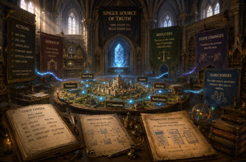 A grand medieval fantasy guild hall serves as a visual metaphor for JavaScript state management. At the center of the vast stone chamber, a glowing magical crystal labeled State powers a detailed miniature kingdom displayed on a large round table. Blue streams of magical energy connect the crystal to labeled regions representing inventory, quests, notifications, settings, world map, and UI components, illustrating how shared application state flows throughout an entire system. Massive banners surrounding the hall depict engineering concepts including actions, dispatch, reducers, state changes, subscribers, immutable updates, normalized structure, and a guild ledger that records every change. Ancient books, engineering diagrams, drafting tools, glowing runes, and architectural details reinforce themes of organization, maintainability, and long-term software design in a painterly, Dungeons & Dragons-inspired editorial illustration.
