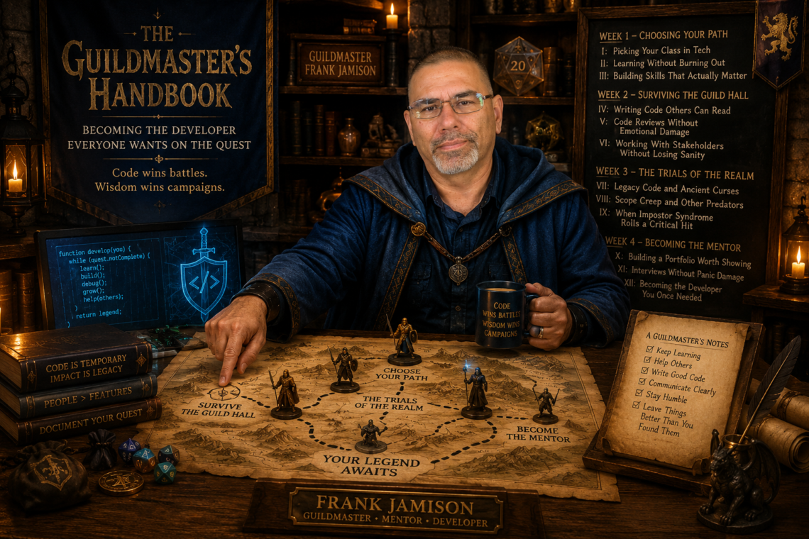 A cinematic Dungeons and Dragons inspired scene featuring Frank Jamison portrayed as a wise guildmaster mentor seated at a wooden strategy table inside a candlelit guild hall. Wearing dark blue robes, Frank studies a fantasy campaign map symbolizing a software developer career journey, with miniature adventurers marking paths through Choosing Your Path, Surviving the Guild Hall, The Trials of the Realm, and Becoming the Mentor. Glowing code appears on a magical screen nearby alongside dice, books, candles, and developer themed artifacts. A large banner displays The Guildmaster’s Handbook: Becoming the Developer Everyone Wants on the Quest with the tagline Code wins battles. Wisdom wins campaigns. The atmosphere feels warm, wise, and adventurous, blending software development with D&D mentorship.
