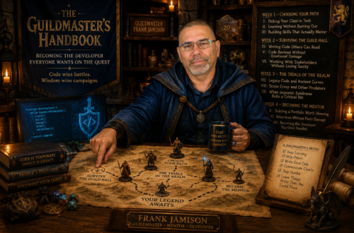 A cinematic Dungeons and Dragons inspired scene featuring Frank Jamison portrayed as a wise guildmaster mentor seated at a wooden strategy table inside a candlelit guild hall. Wearing dark blue robes, Frank studies a fantasy campaign map symbolizing a software developer career journey, with miniature adventurers marking paths through Choosing Your Path, Surviving the Guild Hall, The Trials of the Realm, and Becoming the Mentor. Glowing code appears on a magical screen nearby alongside dice, books, candles, and developer themed artifacts. A large banner displays The Guildmaster’s Handbook: Becoming the Developer Everyone Wants on the Quest with the tagline Code wins battles. Wisdom wins campaigns. The atmosphere feels warm, wise, and adventurous, blending software development with D&D mentorship.