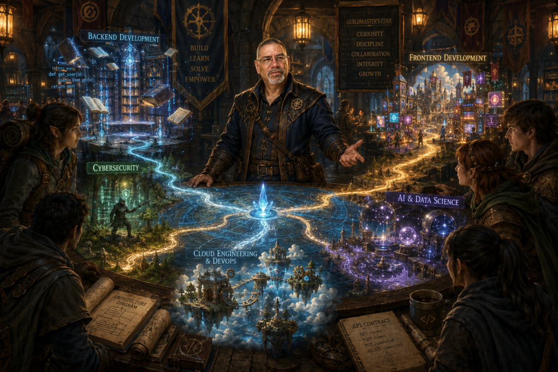 Frank Jamison, portrayed as a seasoned guildmaster and veteran engineer, stands at the center of a grand medieval guild hall, guiding a group of young adventurers around a glowing magical map table. Multiple illuminated pathways branch from a central crossroads toward fantasy realms representing technology career paths, including backend development, frontend development, cybersecurity, cloud engineering and DevOps, and AI and data science. Floating books, architectural diagrams, magical runes, code fragments, and enchanted cityscapes surround the table, while warm lantern light and blue magical energy create an atmosphere of mentorship, discovery, and professional growth. The scene blends Dungeons & Dragons-inspired fantasy with modern software engineering concepts, symbolizing the process of choosing a path in technology.