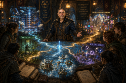 Frank Jamison, portrayed as a seasoned guildmaster and veteran engineer, stands at the center of a grand medieval guild hall, guiding a group of young adventurers around a glowing magical map table. Multiple illuminated pathways branch from a central crossroads toward fantasy realms representing technology career paths, including backend development, frontend development, cybersecurity, cloud engineering and DevOps, and AI and data science. Floating books, architectural diagrams, magical runes, code fragments, and enchanted cityscapes surround the table, while warm lantern light and blue magical energy create an atmosphere of mentorship, discovery, and professional growth. The scene blends Dungeons & Dragons-inspired fantasy with modern software engineering concepts, symbolizing the process of choosing a path in technology.