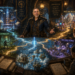 Frank Jamison, portrayed as a seasoned guildmaster and veteran engineer, stands at the center of a grand medieval guild hall, guiding a group of young adventurers around a glowing magical map table. Multiple illuminated pathways branch from a central crossroads toward fantasy realms representing technology career paths, including backend development, frontend development, cybersecurity, cloud engineering and DevOps, and AI and data science. Floating books, architectural diagrams, magical runes, code fragments, and enchanted cityscapes surround the table, while warm lantern light and blue magical energy create an atmosphere of mentorship, discovery, and professional growth. The scene blends Dungeons & Dragons-inspired fantasy with modern software engineering concepts, symbolizing the process of choosing a path in technology.