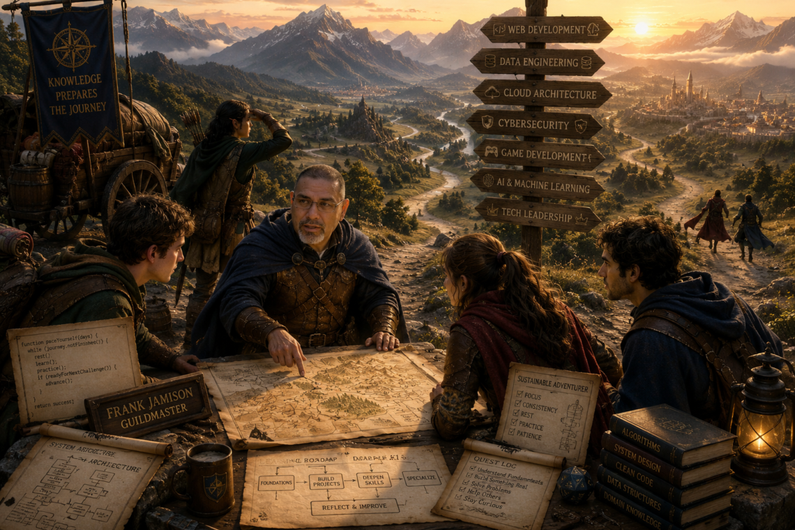 Frank Jamison, depicted as a seasoned guildmaster and mentor, leads a group of younger adventurers at sunrise while gathered around a large map beside a mountain crossroads. Wearing practical fantasy adventuring attire, he points toward multiple roads stretching through forests, valleys, mountains, and distant cities, symbolizing different technology career paths. Around the group are travel wagons, lanterns, books, engineering diagrams, code-filled scrolls, learning roadmaps, and quest logs that represent sustainable skill development. A towering signpost lists various specialties, including web development, cloud architecture, cybersecurity, and machine learning. The scene emphasizes mentorship, planning, endurance, and choosing a path wisely, with warm golden light illuminating the vast landscape and reinforcing the article's theme of learning without burning out.