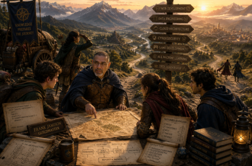 Frank Jamison, depicted as a seasoned guildmaster and mentor, leads a group of younger adventurers at sunrise while gathered around a large map beside a mountain crossroads. Wearing practical fantasy adventuring attire, he points toward multiple roads stretching through forests, valleys, mountains, and distant cities, symbolizing different technology career paths. Around the group are travel wagons, lanterns, books, engineering diagrams, code-filled scrolls, learning roadmaps, and quest logs that represent sustainable skill development. A towering signpost lists various specialties, including web development, cloud architecture, cybersecurity, and machine learning. The scene emphasizes mentorship, planning, endurance, and choosing a path wisely, with warm golden light illuminating the vast landscape and reinforcing the article's theme of learning without burning out.