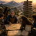 Frank Jamison, depicted as a seasoned guildmaster and mentor, leads a group of younger adventurers at sunrise while gathered around a large map beside a mountain crossroads. Wearing practical fantasy adventuring attire, he points toward multiple roads stretching through forests, valleys, mountains, and distant cities, symbolizing different technology career paths. Around the group are travel wagons, lanterns, books, engineering diagrams, code-filled scrolls, learning roadmaps, and quest logs that represent sustainable skill development. A towering signpost lists various specialties, including web development, cloud architecture, cybersecurity, and machine learning. The scene emphasizes mentorship, planning, endurance, and choosing a path wisely, with warm golden light illuminating the vast landscape and reinforcing the article's theme of learning without burning out.
