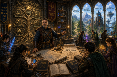 Frank Jamison, portrayed as a seasoned guildmaster and veteran engineer, stands in a grand fantasy training hall guiding young adventurers toward foundational skills rather than magical treasures. A towering stone skill tree labeled Communication, Problem Solving, Systems Thinking, Adaptability, Debugging, and Architecture dominates the wall behind him. Apprentices study maps, engineering blueprints, notebooks, drafting tools, and glowing artifacts around a massive wooden training table marked Choose Your Path. Through large arched windows, fantasy landscapes represent different technology career paths including Frontend Development, Backend Engineering, Cybersecurity, and Cloud Architecture. Warm torchlight and subtle blue magical illumination create a wise, instructional atmosphere emphasizing mentorship, learning, and long-term skill development.