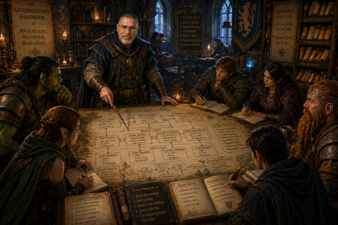 Frank Jamison, portrayed as a seasoned guildmaster and veteran adventurer, stands at the center of a bustling fantasy guild hall, guiding a diverse group of adventurers around a massive strategy table. The table is covered with detailed architectural diagrams, software-inspired maps, flowcharts, and handwritten guild principles rendered as medieval cartography. Shelves of scrolls, books, and guild records line the walls, while lanterns and warm candlelight illuminate the collaborative scene. Adventurers of multiple races and classes study notes, discuss plans, and learn from Frank's guidance. The image symbolizes code readability, mentorship, onboarding, documentation, and teamwork through visual metaphors of maps, pathways, and shared knowledge within a thriving adventurer's guild.