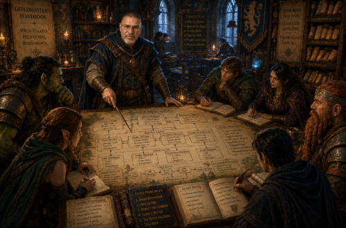 Frank Jamison, portrayed as a seasoned guildmaster and veteran adventurer, stands at the center of a bustling fantasy guild hall, guiding a diverse group of adventurers around a massive strategy table. The table is covered with detailed architectural diagrams, software-inspired maps, flowcharts, and handwritten guild principles rendered as medieval cartography. Shelves of scrolls, books, and guild records line the walls, while lanterns and warm candlelight illuminate the collaborative scene. Adventurers of multiple races and classes study notes, discuss plans, and learn from Frank's guidance. The image symbolizes code readability, mentorship, onboarding, documentation, and teamwork through visual metaphors of maps, pathways, and shared knowledge within a thriving adventurer's guild.
