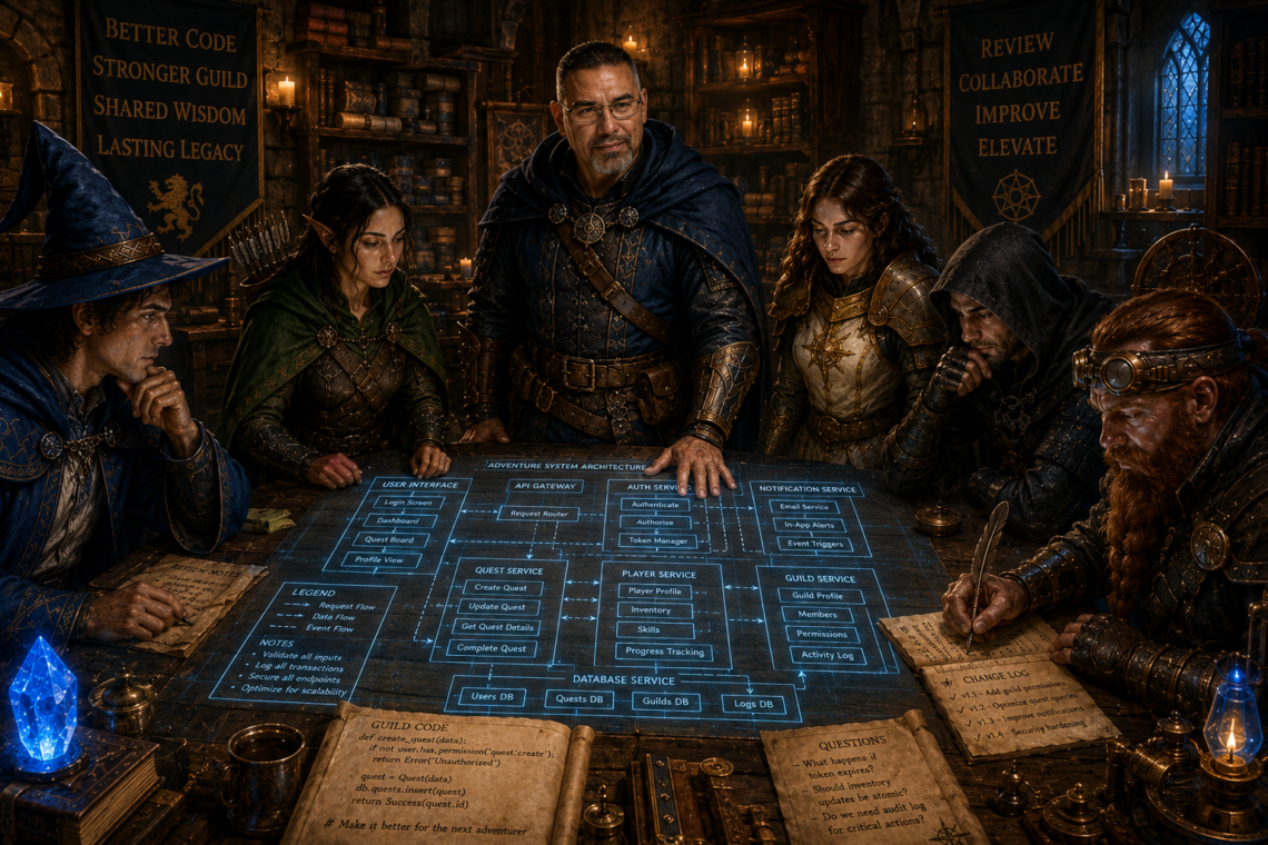 Frank Jamison, portrayed as a seasoned guildmaster and adventurer, stands at the head of a large strategy table inside a warmly lit medieval guild hall. Around him, a diverse party of adventurers including a wizard, ranger, cleric, rogue, and artificer collaboratively review a glowing magical blueprint filled with software architecture diagrams, annotated notes, and arcane symbols. Shelves of books and scrolls line the stone walls, while lanterns and blue magical runes illuminate the room. The scene symbolizes constructive code reviews, teamwork, mentorship, and professional growth within a fantasy-inspired guild setting.