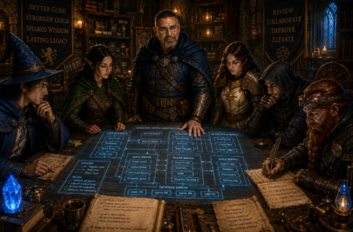Frank Jamison, portrayed as a seasoned guildmaster and adventurer, stands at the head of a large strategy table inside a warmly lit medieval guild hall. Around him, a diverse party of adventurers including a wizard, ranger, cleric, rogue, and artificer collaboratively review a glowing magical blueprint filled with software architecture diagrams, annotated notes, and arcane symbols. Shelves of books and scrolls line the stone walls, while lanterns and blue magical runes illuminate the room. The scene symbolizes constructive code reviews, teamwork, mentorship, and professional growth within a fantasy-inspired guild setting.