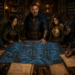 Frank Jamison, portrayed as a seasoned guildmaster and adventurer, stands at the head of a large strategy table inside a warmly lit medieval guild hall. Around him, a diverse party of adventurers including a wizard, ranger, cleric, rogue, and artificer collaboratively review a glowing magical blueprint filled with software architecture diagrams, annotated notes, and arcane symbols. Shelves of books and scrolls line the stone walls, while lanterns and blue magical runes illuminate the room. The scene symbolizes constructive code reviews, teamwork, mentorship, and professional growth within a fantasy-inspired guild setting.