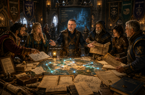 Frank Jamison, portrayed as a seasoned guildmaster adventurer, stands at the center of a grand medieval guild hall strategy table covered with maps, contracts, architectural blueprints, engineering schematics, and glowing magical diagrams. Surrounded by representatives of merchants, nobility, scholars, quartermasters, and city officials, he calmly mediates a discussion while gesturing toward an illuminated map displaying interconnected pathways across the kingdom. Warm torchlight and cool magical light fill the bustling stone hall, emphasizing leadership, collaboration, communication, and problem-solving in a richly detailed fantasy setting inspired by Dungeons & Dragons.