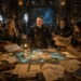 Frank Jamison, portrayed as a seasoned guildmaster adventurer, stands at the center of a grand medieval guild hall strategy table covered with maps, contracts, architectural blueprints, engineering schematics, and glowing magical diagrams. Surrounded by representatives of merchants, nobility, scholars, quartermasters, and city officials, he calmly mediates a discussion while gesturing toward an illuminated map displaying interconnected pathways across the kingdom. Warm torchlight and cool magical light fill the bustling stone hall, emphasizing leadership, collaboration, communication, and problem-solving in a richly detailed fantasy setting inspired by Dungeons & Dragons.