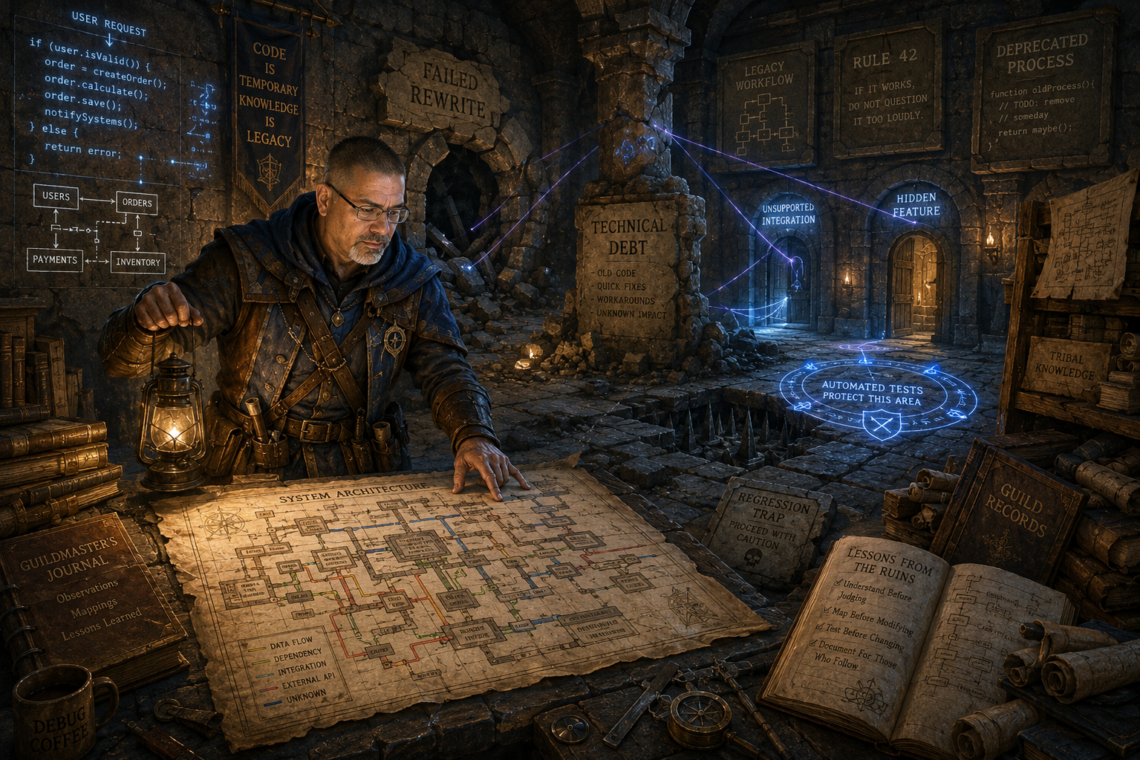 Frank Jamison, depicted as a seasoned Guildmaster and software engineer, studies a detailed architectural map inside a vast underground fantasy ruin representing a legacy software system. Wearing practical adventurer-scholar gear and holding a lantern, he stands at a stone table surrounded by guild journals, engineering records, maps, and ancient scrolls. Glowing blue runes resembling source code, database diagrams, and system architecture cover the dungeon walls. Nearby, a collapsed passage marked Failed Rewrite, a monument labeled Technical Debt, hidden doors representing undocumented features, and magical wards protecting explored areas symbolize the challenges of maintaining legacy code. The cinematic scene conveys exploration, problem-solving, knowledge preservation, and the careful navigation of complex software systems.