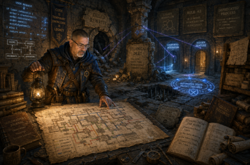 Frank Jamison, depicted as a seasoned Guildmaster and software engineer, studies a detailed architectural map inside a vast underground fantasy ruin representing a legacy software system. Wearing practical adventurer-scholar gear and holding a lantern, he stands at a stone table surrounded by guild journals, engineering records, maps, and ancient scrolls. Glowing blue runes resembling source code, database diagrams, and system architecture cover the dungeon walls. Nearby, a collapsed passage marked Failed Rewrite, a monument labeled Technical Debt, hidden doors representing undocumented features, and magical wards protecting explored areas symbolize the challenges of maintaining legacy code. The cinematic scene conveys exploration, problem-solving, knowledge preservation, and the careful navigation of complex software systems.