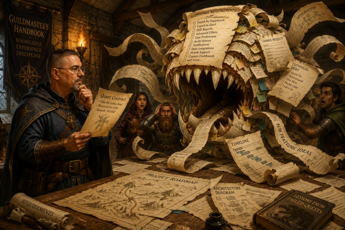 Frank Jamison, portrayed as a seasoned guildmaster in a medieval fantasy guild hall, calmly studies a simple quest contract while a massive mimic-like monster made of scrolls, requirements documents, project plans, diagrams, and task lists erupts across a wooden strategy table. The paper creature's tendrils spread through the room, consuming timelines, architecture diagrams, and engineering blueprints as nearby adventurers react with alarm. Warm torchlight illuminates the scene, symbolizing the dangers of scope creep in software development and project management.