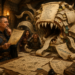 Frank Jamison, portrayed as a seasoned guildmaster in a medieval fantasy guild hall, calmly studies a simple quest contract while a massive mimic-like monster made of scrolls, requirements documents, project plans, diagrams, and task lists erupts across a wooden strategy table. The paper creature's tendrils spread through the room, consuming timelines, architecture diagrams, and engineering blueprints as nearby adventurers react with alarm. Warm torchlight illuminates the scene, symbolizing the dangers of scope creep in software development and project management.