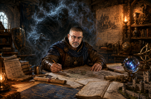 Frank Jamison, depicted as a seasoned adventurer-engineer, studies a large map at a guild hall worktable covered with architectural diagrams, engineering blueprints, books, scrolls, and magical instruments. Behind him looms a towering shadowy creature formed from smoke and mist, symbolizing impostor syndrome. Warm torchlight illuminates the stone chamber, highlighting symbols of past achievements, knowledge, and experience. The scene blends medieval fantasy and software engineering themes to represent overcoming self-doubt through wisdom, perseverance, and hard-earned expertise.