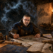 Frank Jamison, depicted as a seasoned adventurer-engineer, studies a large map at a guild hall worktable covered with architectural diagrams, engineering blueprints, books, scrolls, and magical instruments. Behind him looms a towering shadowy creature formed from smoke and mist, symbolizing impostor syndrome. Warm torchlight illuminates the stone chamber, highlighting symbols of past achievements, knowledge, and experience. The scene blends medieval fantasy and software engineering themes to represent overcoming self-doubt through wisdom, perseverance, and hard-earned expertise.