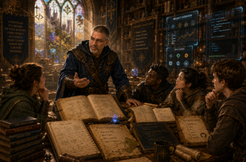 Frank Jamison, depicted as a fantasy guildmaster and technical mentor, stands at the center of a grand medieval archive while teaching four apprentice developers gathered around a large wooden table. Open books, architectural diagrams, software design sketches, code examples, and project notes cover the table. Magical blue holographic displays show project dashboards, technology stacks, and source code floating among towering bookshelves. Warm sunlight streams through stained-glass windows decorated with castles, dragons, and software symbols, creating an inspiring atmosphere that blends software engineering, mentorship, and high fantasy.