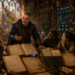 Frank Jamison, depicted as a fantasy guildmaster and technical mentor, stands at the center of a grand medieval archive while teaching four apprentice developers gathered around a large wooden table. Open books, architectural diagrams, software design sketches, code examples, and project notes cover the table. Magical blue holographic displays show project dashboards, technology stacks, and source code floating among towering bookshelves. Warm sunlight streams through stained-glass windows decorated with castles, dragons, and software symbols, creating an inspiring atmosphere that blends software engineering, mentorship, and high fantasy.