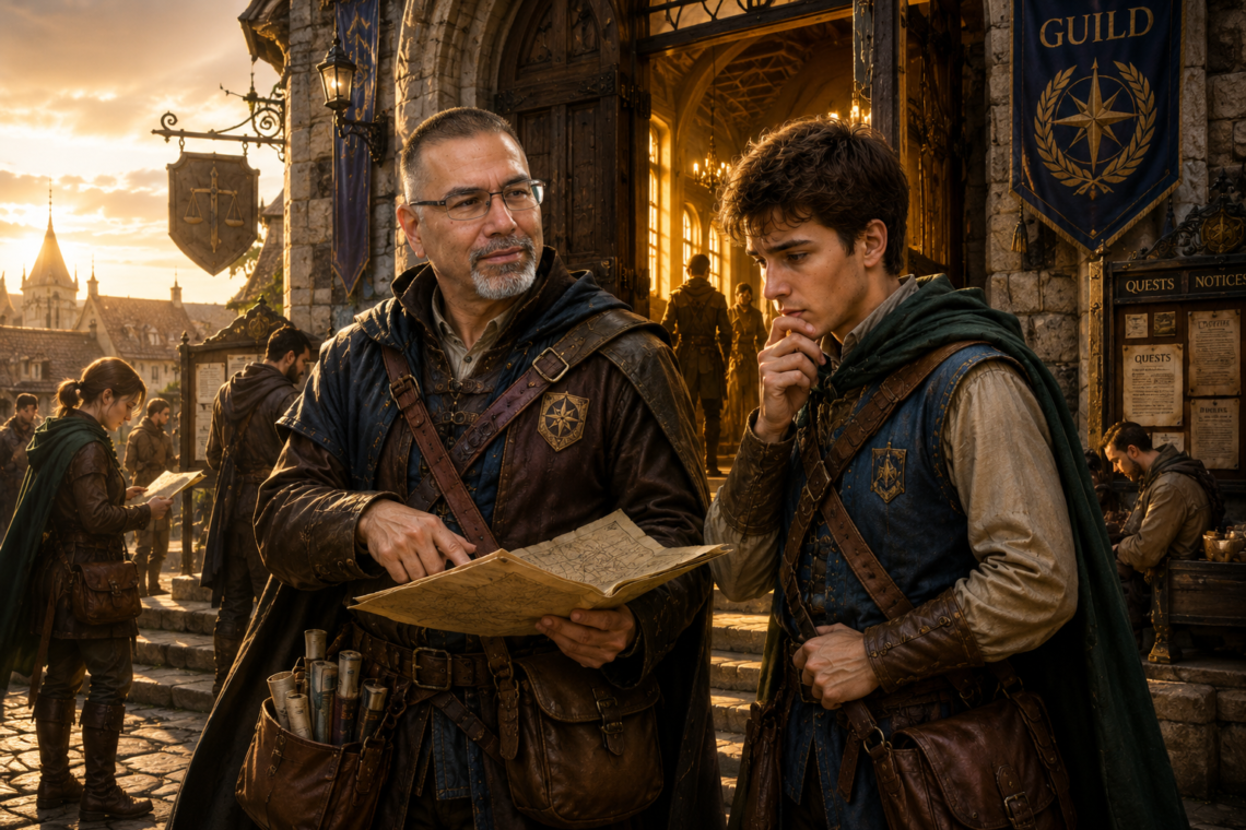 Frank Jamison portrayed as a veteran guildmaster mentoring a nervous young adventurer outside a grand fantasy guild hall at dawn, reviewing a map while adventurers prepare for quests in the background.