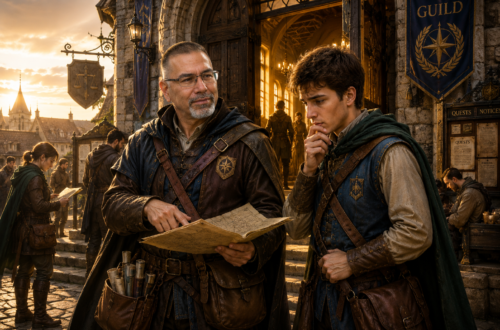 Frank Jamison portrayed as a veteran guildmaster mentoring a nervous young adventurer outside a grand fantasy guild hall at dawn, reviewing a map while adventurers prepare for quests in the background.