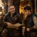 Frank Jamison portrayed as a veteran guildmaster mentoring a nervous young adventurer outside a grand fantasy guild hall at dawn, reviewing a map while adventurers prepare for quests in the background.