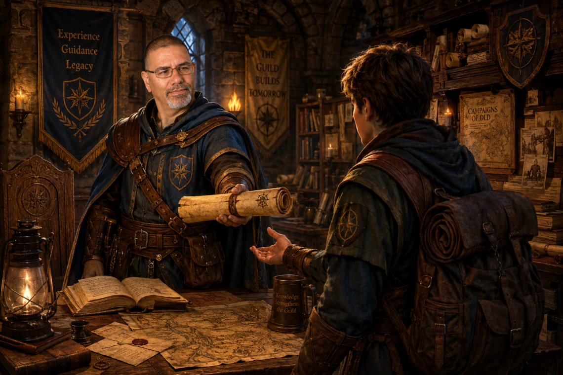 Frank Jamison, depicted as an experienced fantasy guildmaster, stands inside a warmly lit medieval guild hall and hands a rolled parchment map to a young adventurer preparing for a journey. Wearing practical adventuring gear and guildmaster robes, he appears confident, patient, and encouraging. The hall is filled with maps, books, scrolls, and records of past adventures, with banners emphasizing experience, guidance, and legacy. The scene symbolizes mentorship, knowledge sharing, and helping the next generation of adventurers find their path.