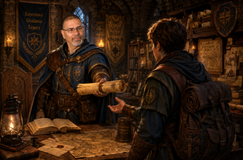 Frank Jamison, depicted as an experienced fantasy guildmaster, stands inside a warmly lit medieval guild hall and hands a rolled parchment map to a young adventurer preparing for a journey. Wearing practical adventuring gear and guildmaster robes, he appears confident, patient, and encouraging. The hall is filled with maps, books, scrolls, and records of past adventures, with banners emphasizing experience, guidance, and legacy. The scene symbolizes mentorship, knowledge sharing, and helping the next generation of adventurers find their path.
