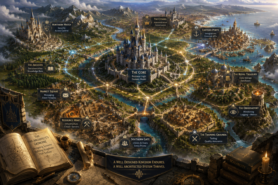 An epic fantasy map-style illustration depicts a thriving kingdom viewed from above, with a grand central castle labeled "The Core" connected by glowing roads and magical pathways to surrounding regions. Each district represents a software architecture concept, including Northern Watch (Security and Access Control), Eastern Ports (Integrations and External APIs), The Royal Treasury (Data Storage and Databases), The Observatory (Monitoring and Metrics), The Training Grounds (Testing and Quality Assurance), Market Square (Messaging and Event Streams), Resource Mines (Infrastructure and Servers), The Archives (Documentation and Knowledge Base), and Southern Gate (Clients and Users). In the foreground, an open book titled The Architect's Grimoire rests on a stone table alongside maps, drafting tools, and architectural plans. A banner reads, "A Well Designed Kingdom Endures. A Well Architected System Thrives." The image uses fantasy kingdom imagery to visualize software architecture as an interconnected, carefully planned realm.