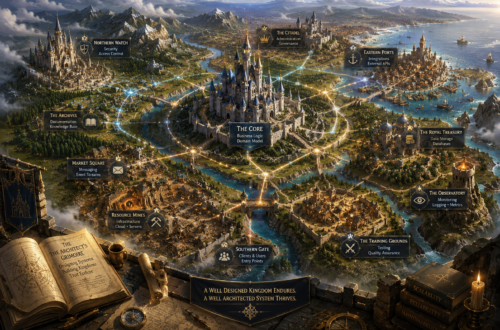 An epic fantasy map-style illustration depicts a thriving kingdom viewed from above, with a grand central castle labeled "The Core" connected by glowing roads and magical pathways to surrounding regions. Each district represents a software architecture concept, including Northern Watch (Security and Access Control), Eastern Ports (Integrations and External APIs), The Royal Treasury (Data Storage and Databases), The Observatory (Monitoring and Metrics), The Training Grounds (Testing and Quality Assurance), Market Square (Messaging and Event Streams), Resource Mines (Infrastructure and Servers), The Archives (Documentation and Knowledge Base), and Southern Gate (Clients and Users). In the foreground, an open book titled The Architect's Grimoire rests on a stone table alongside maps, drafting tools, and architectural plans. A banner reads, "A Well Designed Kingdom Endures. A Well Architected System Thrives." The image uses fantasy kingdom imagery to visualize software architecture as an interconnected, carefully planned realm.