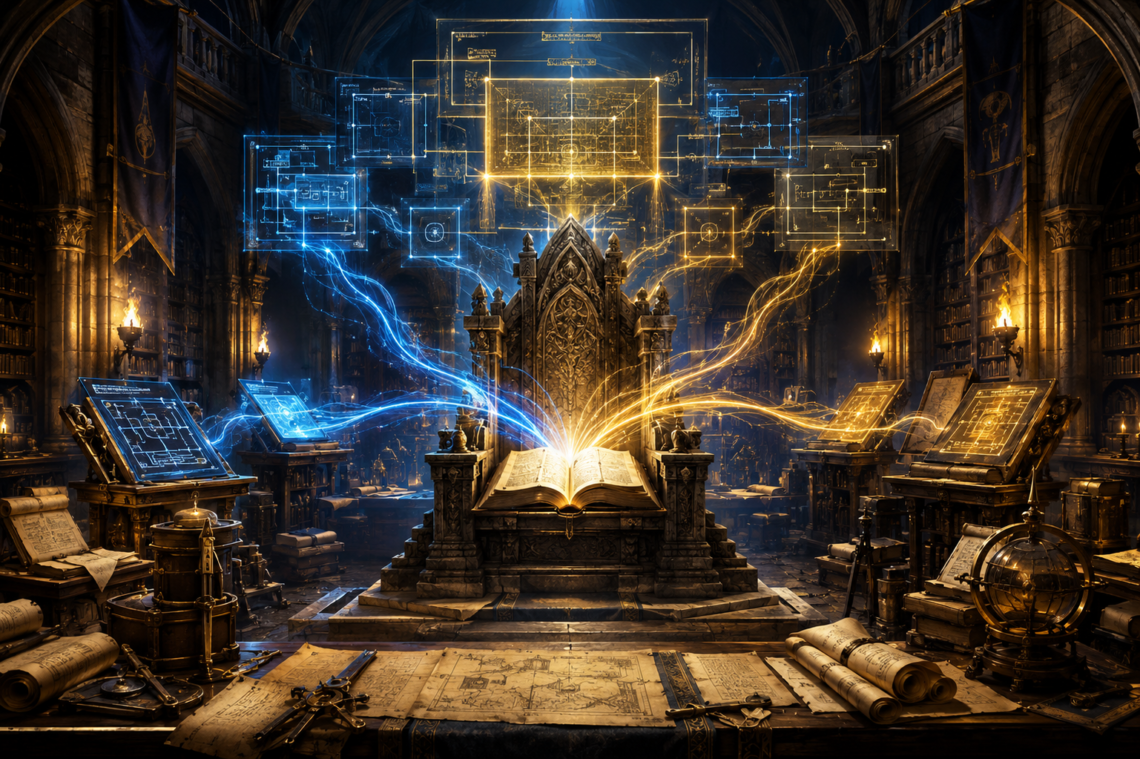 An illuminated magical codex rests open atop an ornate stone throne in the center of a vast fantasy library. Streams of blue and gold arcane energy flow from surrounding scrolls, drafting tables, and enchanted tablets toward the glowing book. Above the throne, layered translucent diagrams resembling architectural blueprints, interconnected systems, and cascading structures overlap in the air, with one central design shining brightest. The grand hall is filled with bookshelves, maps, measuring instruments, and research materials beneath vaulted stone arches lit by warm torchlight and magical illumination. The scene evokes order, authority, craftsmanship, and the mastery of complex systems.