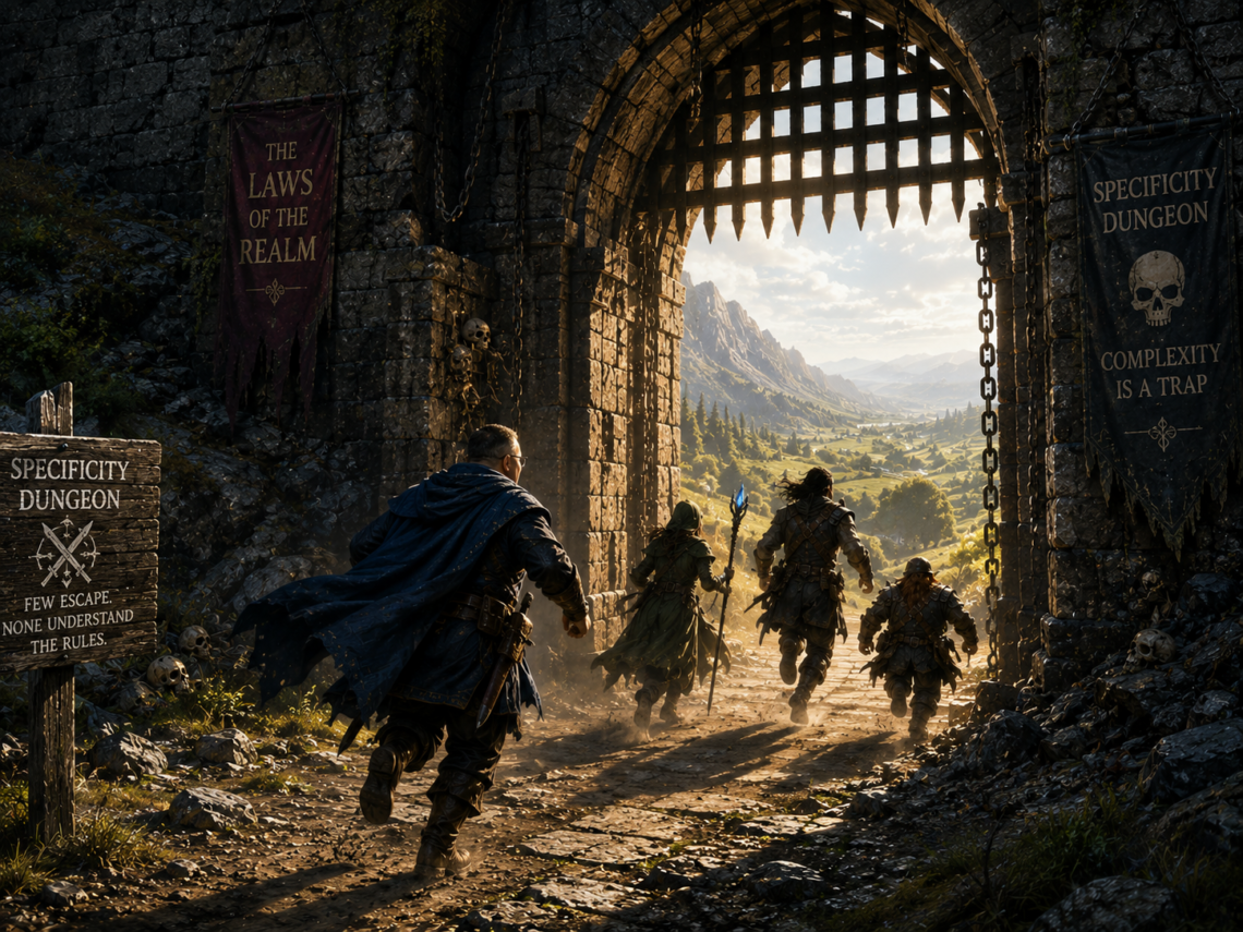 A party of four fantasy adventurers escapes from the dark entrance of a massive stone dungeon into a sunlit valley beyond. Viewed from behind, the group runs through an open fortress gate toward a bright landscape of mountains, rivers, and golden fields. Tattered banners and warning signs referencing specificity, complexity, and CSS-related pitfalls hang beside the entrance, while skulls, chains, and dungeon debris emphasize the dangers left behind. Leading the group is a cloaked adventurer resembling a seasoned guildmaster, with companions including a mage, warrior, and dwarf. Warm sunrise light floods the scene, symbolizing freedom, understanding, and escape from the challenges of the Specificity Dungeon.