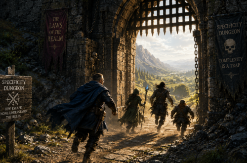 A party of four fantasy adventurers escapes from the dark entrance of a massive stone dungeon into a sunlit valley beyond. Viewed from behind, the group runs through an open fortress gate toward a bright landscape of mountains, rivers, and golden fields. Tattered banners and warning signs referencing specificity, complexity, and CSS-related pitfalls hang beside the entrance, while skulls, chains, and dungeon debris emphasize the dangers left behind. Leading the group is a cloaked adventurer resembling a seasoned guildmaster, with companions including a mage, warrior, and dwarf. Warm sunrise light floods the scene, symbolizing freedom, understanding, and escape from the challenges of the Specificity Dungeon.