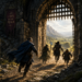 A party of four fantasy adventurers escapes from the dark entrance of a massive stone dungeon into a sunlit valley beyond. Viewed from behind, the group runs through an open fortress gate toward a bright landscape of mountains, rivers, and golden fields. Tattered banners and warning signs referencing specificity, complexity, and CSS-related pitfalls hang beside the entrance, while skulls, chains, and dungeon debris emphasize the dangers left behind. Leading the group is a cloaked adventurer resembling a seasoned guildmaster, with companions including a mage, warrior, and dwarf. Warm sunrise light floods the scene, symbolizing freedom, understanding, and escape from the challenges of the Specificity Dungeon.
