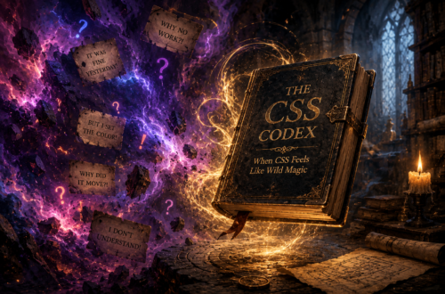 An ancient illuminated codex floats above a stone pedestal inside a dark fantasy library while chaotic purple and blue magical energy erupts around it. Torn parchment scraps swirl through the magical storm bearing frustrated messages such as Why Did It Move?, But I Set the Color!, It Was Fine Yesterday!, I Do Not Understand!, and Why No Work?. Glowing question marks and floating debris drift through the air, reinforcing the sense of confusion and unpredictability. The massive codex radiates warm golden light that contrasts with the surrounding chaos, suggesting hidden knowledge and order beneath the apparent magical disorder. Towering bookshelves, candles, scrolls, and arcane artifacts fill the background, creating a fantasy atmosphere that symbolizes discovering the rules behind seemingly unpredictable behavior.