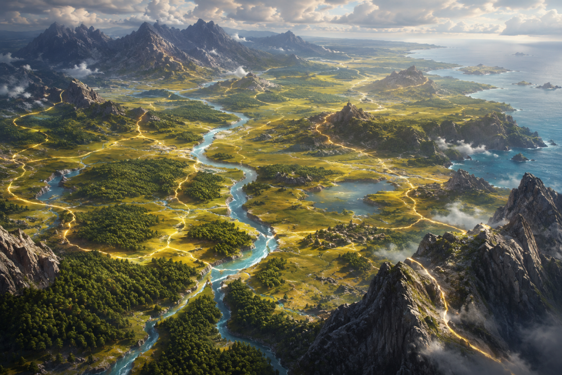 Elevated cartographer-style view of a vast fantasy landscape featuring winding rivers, rolling plains, dense forests, rocky mountain ranges, coastal cliffs, and scattered distant settlements. Glowing golden pathways trace natural routes across the terrain, while subtle magical energy highlights the contours of valleys, ridgelines, and waterways. The scene emphasizes the land itself as the foundation upon which future roads, cities, and kingdoms will be built, rendered in a realistic Dungeons & Dragons-inspired fantasy style with cinematic lighting and expansive environmental detail.