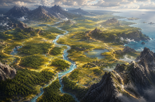 Elevated cartographer-style view of a vast fantasy landscape featuring winding rivers, rolling plains, dense forests, rocky mountain ranges, coastal cliffs, and scattered distant settlements. Glowing golden pathways trace natural routes across the terrain, while subtle magical energy highlights the contours of valleys, ridgelines, and waterways. The scene emphasizes the land itself as the foundation upon which future roads, cities, and kingdoms will be built, rendered in a realistic Dungeons & Dragons-inspired fantasy style with cinematic lighting and expansive environmental detail.