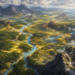 Elevated cartographer-style view of a vast fantasy landscape featuring winding rivers, rolling plains, dense forests, rocky mountain ranges, coastal cliffs, and scattered distant settlements. Glowing golden pathways trace natural routes across the terrain, while subtle magical energy highlights the contours of valleys, ridgelines, and waterways. The scene emphasizes the land itself as the foundation upon which future roads, cities, and kingdoms will be built, rendered in a realistic Dungeons & Dragons-inspired fantasy style with cinematic lighting and expansive environmental detail.