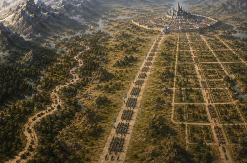 Aerial fantasy battlefield viewed from a cartographer's perspective showing three distinct military routes converging on a fortified city. A winding road follows rivers and forests through rugged terrain on the left, a disciplined army advances in straight formations across open ground in the center, and a highly organized network of grid-like roads and districts stretches across the right side of the landscape. Mountains, rivers, valleys, forests, and strategic fortifications create a vast tactical environment that emphasizes planning, movement, and strategy rather than combat.