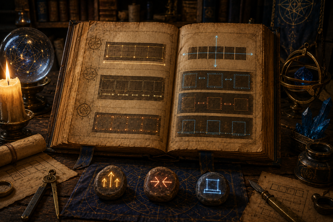 An ancient illuminated codex lies open on a richly detailed arcane workbench inside a fantasy scholar's study. The pages display glowing geometric diagrams composed of rectangular panels aligned along horizontal and vertical axes, representing structured layout systems rather than chaotic magic. Surrounding the codex are parchment blueprints, brass measuring instruments, crystals, and celestial devices illuminated by warm candlelight. Three glowing rune stones rest prominently in the foreground, symbolizing growth, shrinking, and foundation, reinforcing the theme that powerful enchantments are governed by precise rules. The scene conveys disciplined magical engineering, architectural planning, and the hidden structure behind seemingly magical systems.