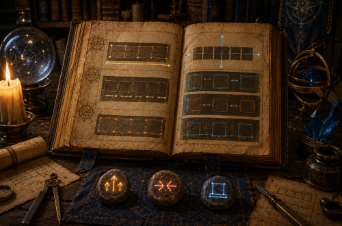 An ancient illuminated codex lies open on a richly detailed arcane workbench inside a fantasy scholar's study. The pages display glowing geometric diagrams composed of rectangular panels aligned along horizontal and vertical axes, representing structured layout systems rather than chaotic magic. Surrounding the codex are parchment blueprints, brass measuring instruments, crystals, and celestial devices illuminated by warm candlelight. Three glowing rune stones rest prominently in the foreground, symbolizing growth, shrinking, and foundation, reinforcing the theme that powerful enchantments are governed by precise rules. The scene conveys disciplined magical engineering, architectural planning, and the hidden structure behind seemingly magical systems.