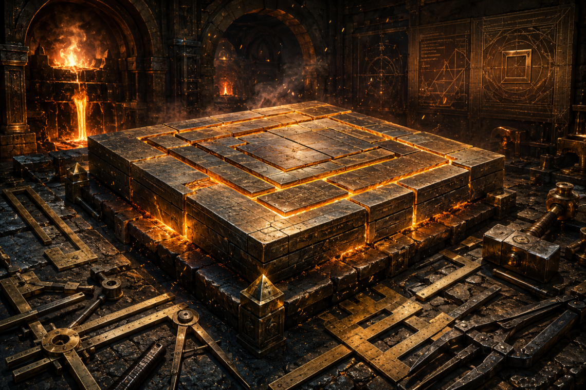 A massive geometric metal artifact composed of interlocking rectangular plates rests atop a glowing dwarven forge deep within a stone workshop. Molten gold light shines through the seams between the precisely fitted plates, illuminating measuring tools, rulers, compasses, calipers, and drafting instruments scattered across the forge floor. Sparks drift through the air as blazing furnaces burn beneath towering stone arches in the background. Intricate geometric engineering diagrams are carved into the workshop walls, reinforcing themes of precision, structure, craftsmanship, and refinement. The scene evokes the reforging of an ancient masterpiece through careful measurement and expert construction rather than combat or adventure.